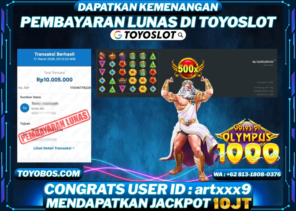 TOYOSLOT - BUKTI KEMENANGAN Gates Of Olympus x1000 Rp10,005,000,- LUNAS